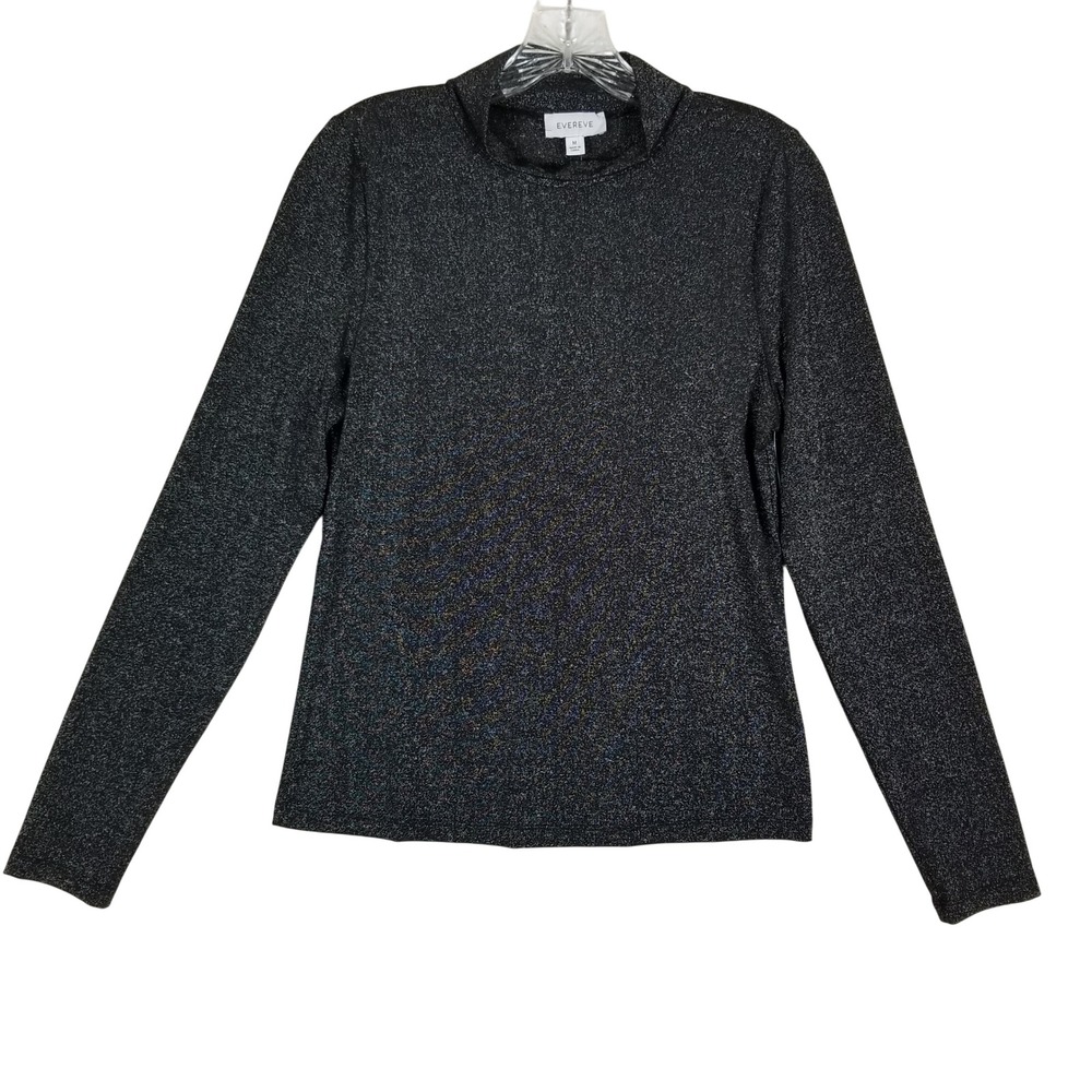 Evereve Robbie Lurex Top Womens Sz M Black Silver Metallic Mock Neck EK4499389E